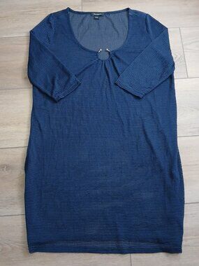 Trendsetter Navy Blue Textured Tunic Top XL Stretch 3/4 Sleeve Keyhole Neck